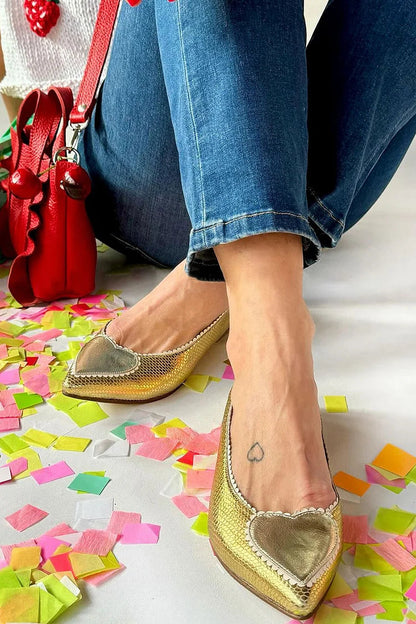 Elegant Heart Patchwork Snake Print Gold Toe Pointed Flats