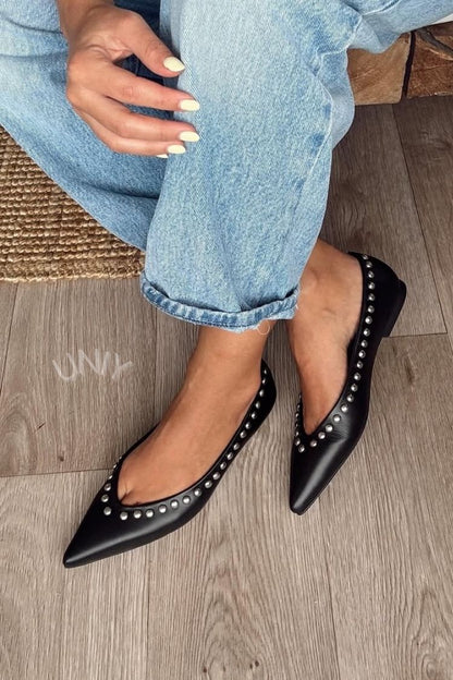 Chic Black Studded Pointed Toe Slip-On Flats