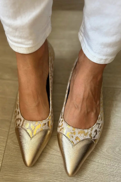 Sheen Metallic Leopard Print Patchwork Pointed Toe Gold Flats