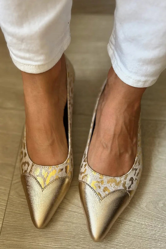 Sheen Metallic Leopard Print Patchwork Pointed Toe Gold Flats
