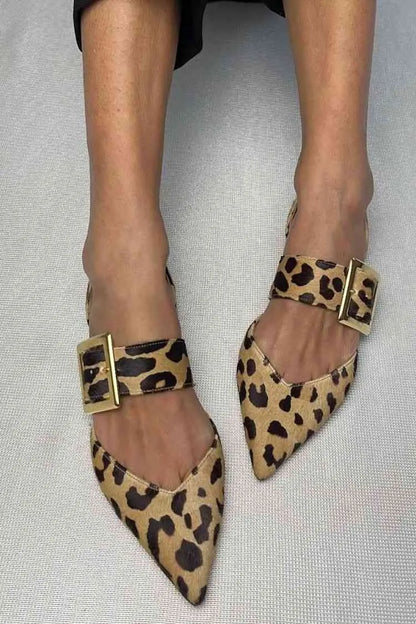 Leopard Print Buckle Strap Pointy Flats