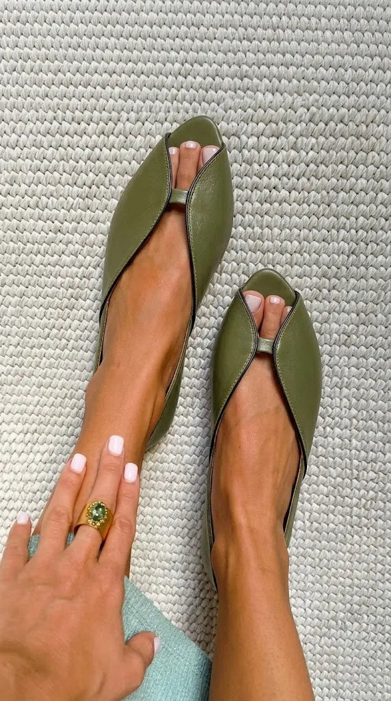 Leather Keyhole Peep Toe Closed Back Olive Flats
