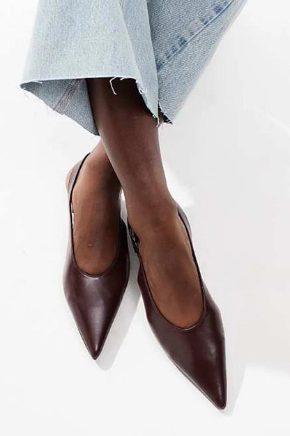 Pointed Toe Solid Color Slingback Strap Buckle Burgundy Flats