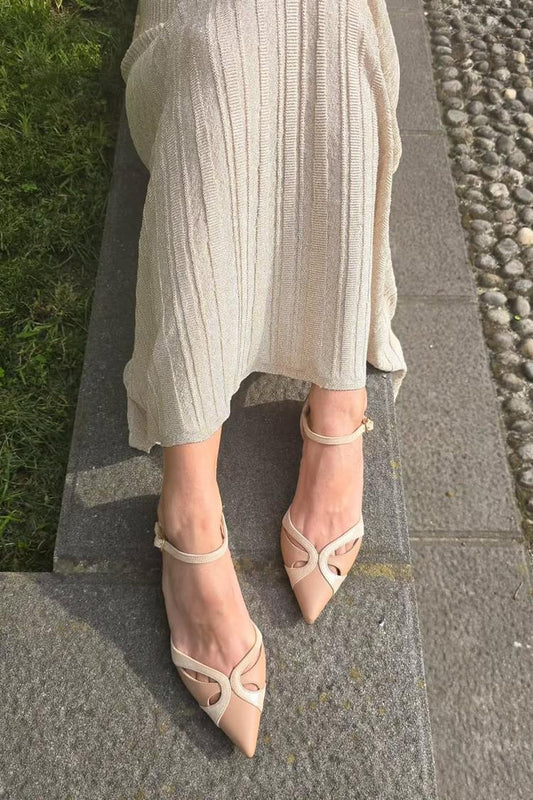 Ankle Strap Buckle Colorblock Cutout Pointed Toe Beige Flats