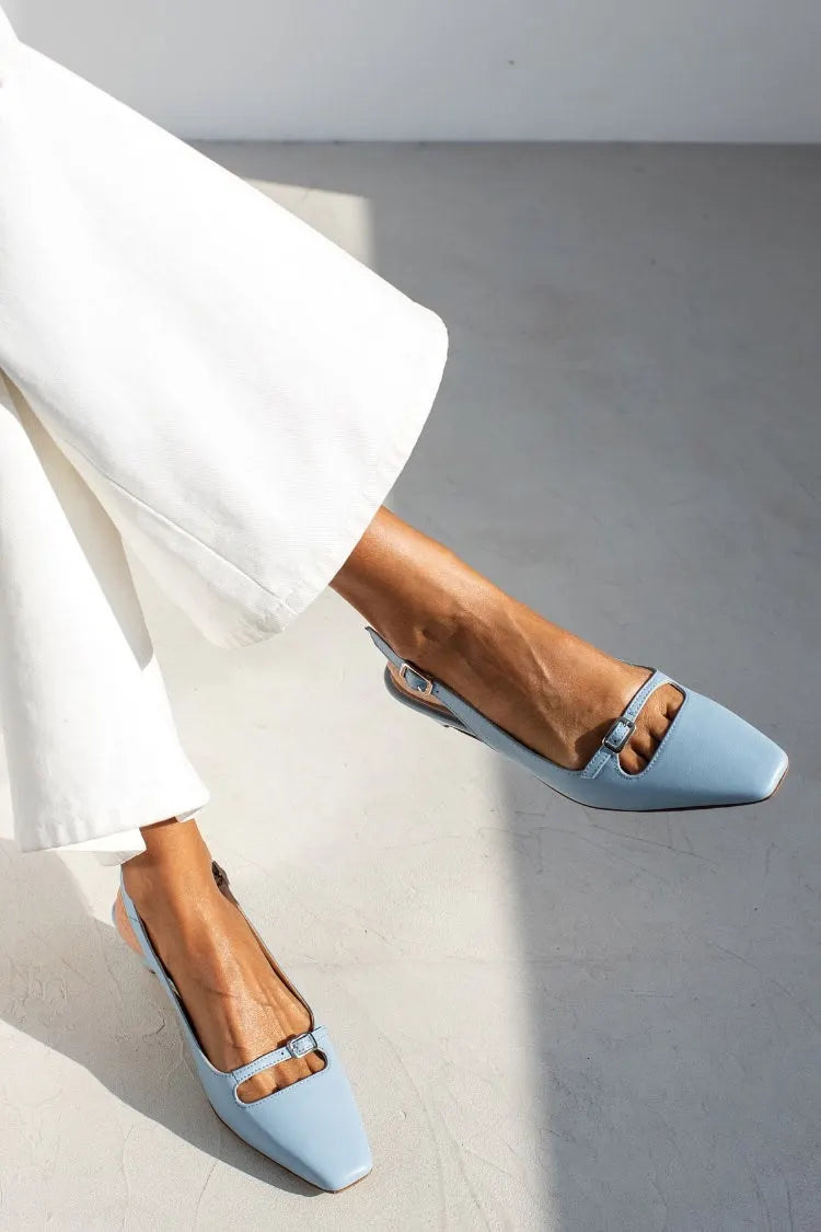 Light Blue Square Toe Cutout Slingback Leather Flats