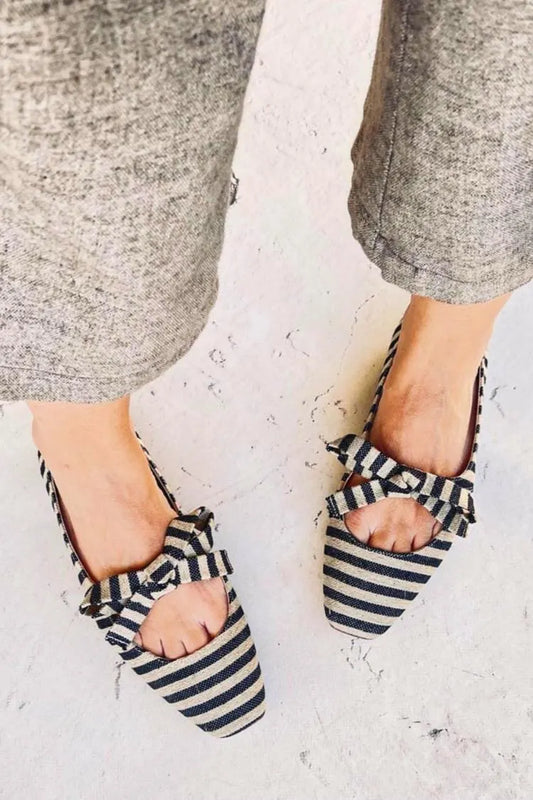 Colorblock Stripe Tie Up Bow Square Toe Black Flats