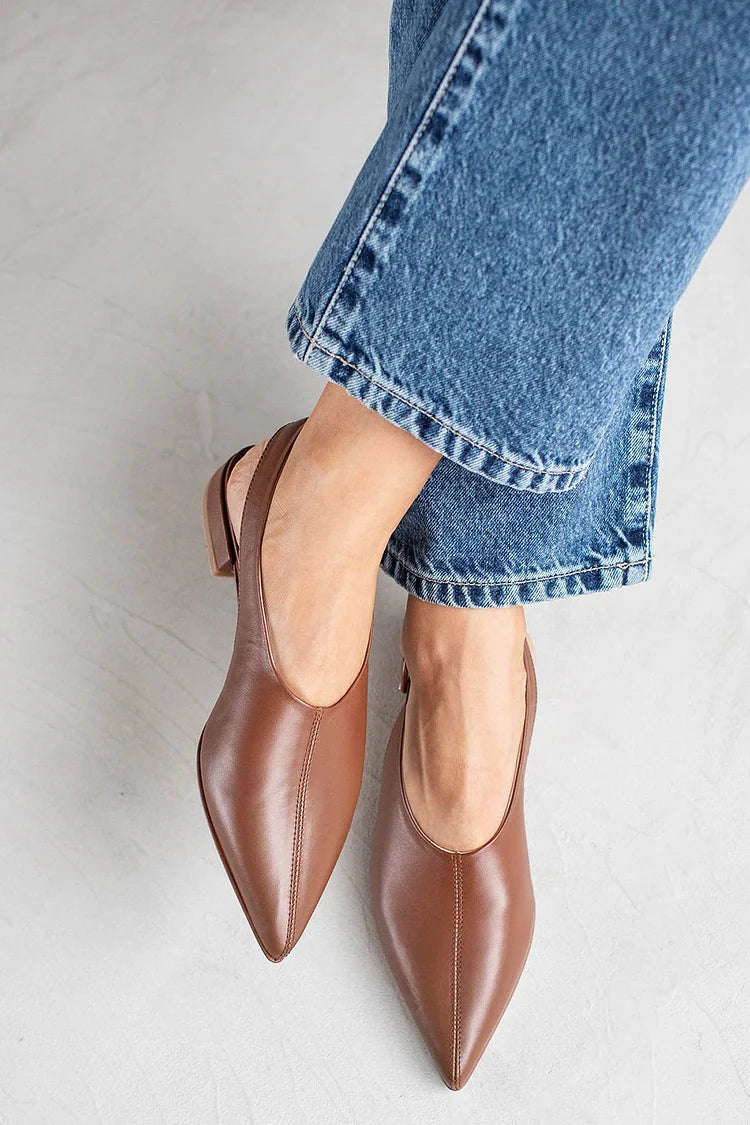 Solid Color Pointed Toe Slingback Brown Flats