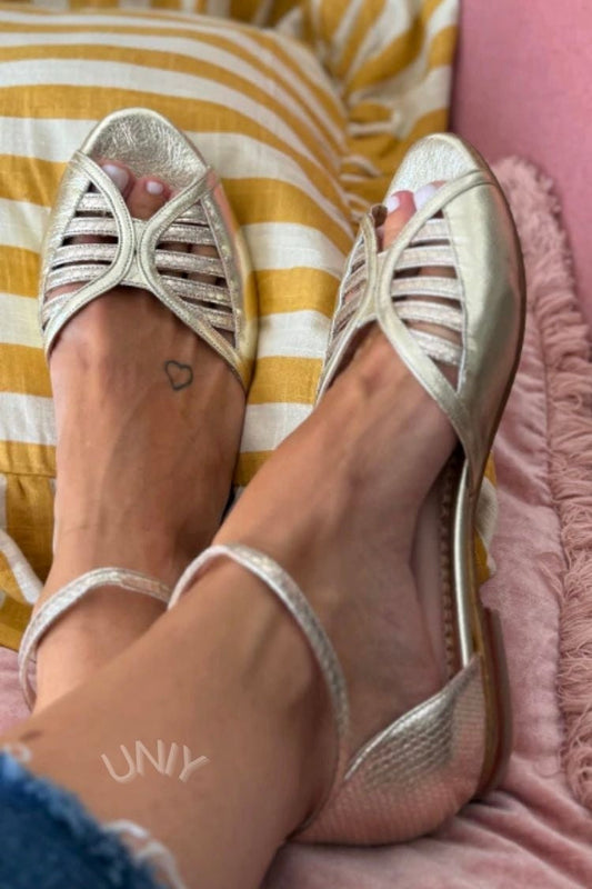 Gold Cutout Strappy Ankle Strap Peep Toe Flats