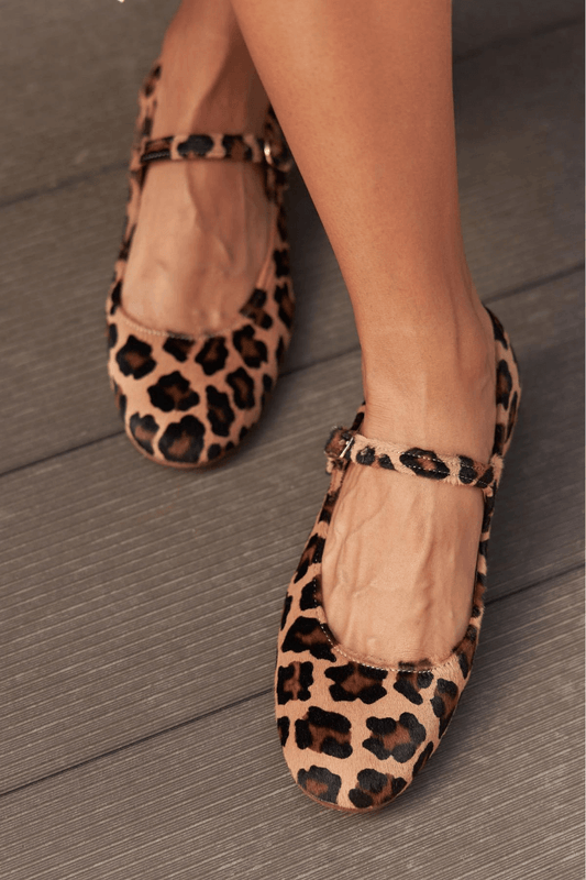 Leopard Print Faux Fur Buckled Strap Rounded Toe Flats
