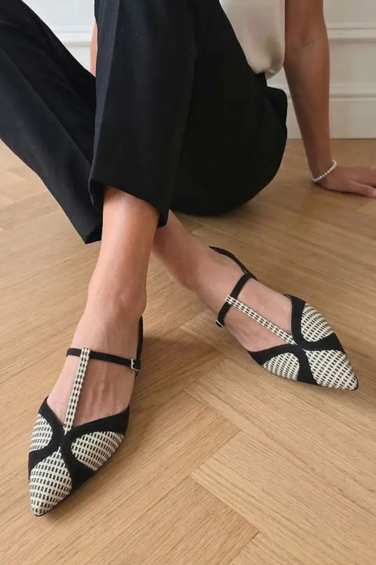 Black& White Geometric T-Strap Pointed Toe Flats