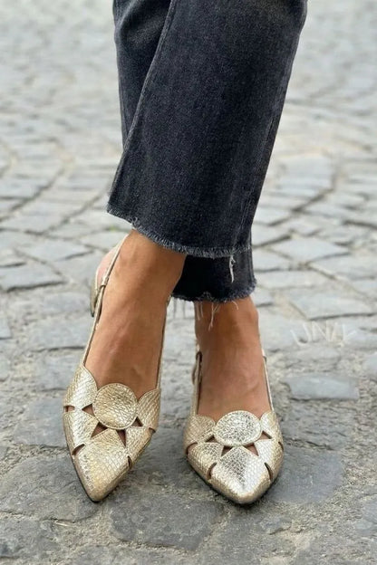 Elegant Gold Snakeskin Pattern Pointed Toe Cutout Flats