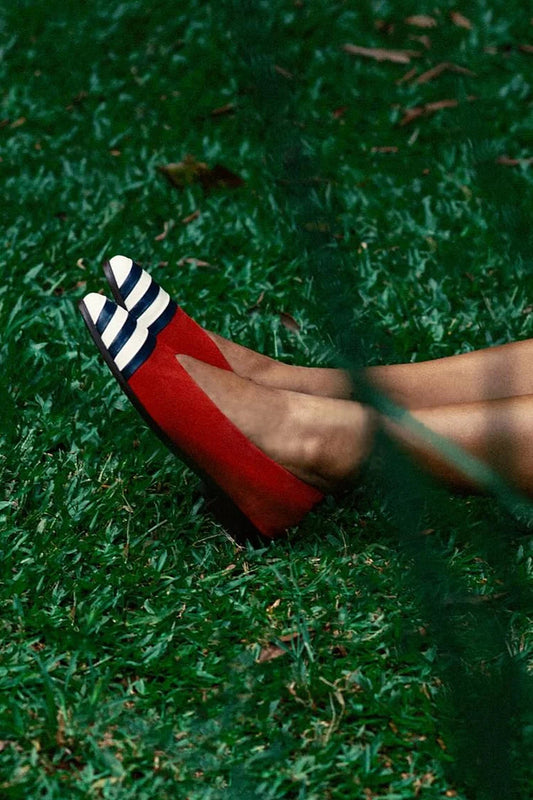 Colorblock Stripe Patchwork Pointed Toe Red Flats