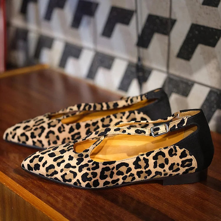 Crossover Strap Buckle Leopard Print Pointed Toe Beige Flats