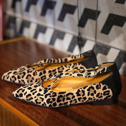 Crossover Strap Buckle Leopard Print Pointed Toe Beige Flats