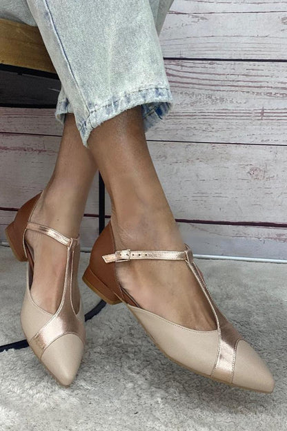 Patchwork T-Strap Buckle Colorblock Pointed Toe Khaki Flats