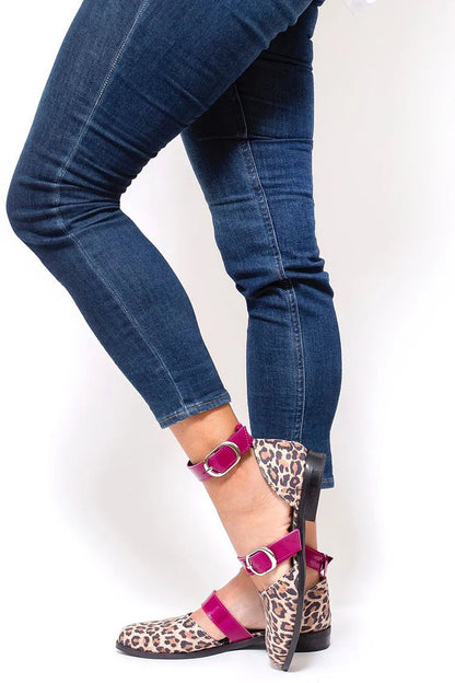 Leopard Print Pointed Toe Colorblock Strap Buckle Khaki Flats