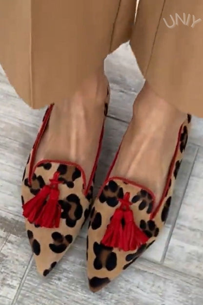 Red Tassel Pointed Toe Leopard Print Versatile Flats