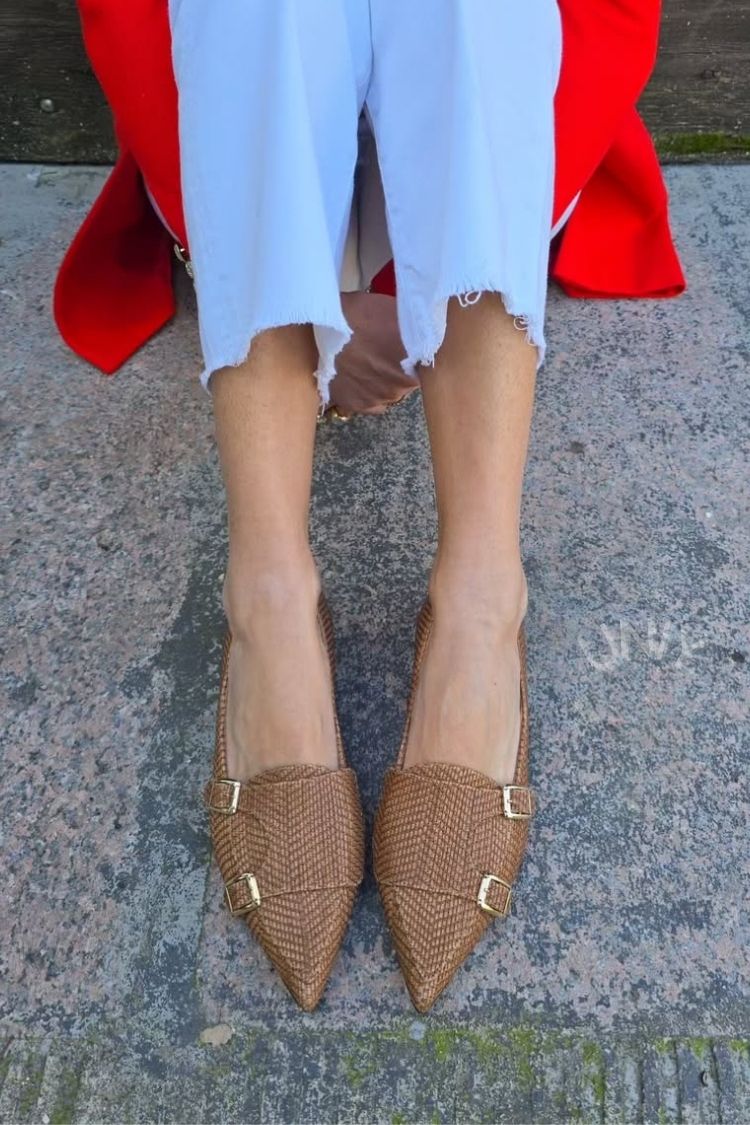Brown Woven Pointed Toe Double Buckle Strap Flats