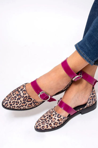 Leopard Print Pointed Toe Colorblock Strap Buckle Khaki Flats