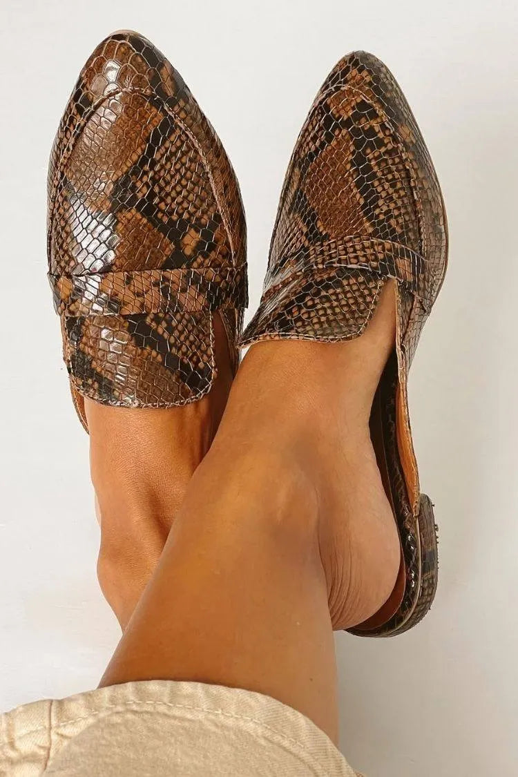 Faux Leather Python Print Pointy Loafers Flats