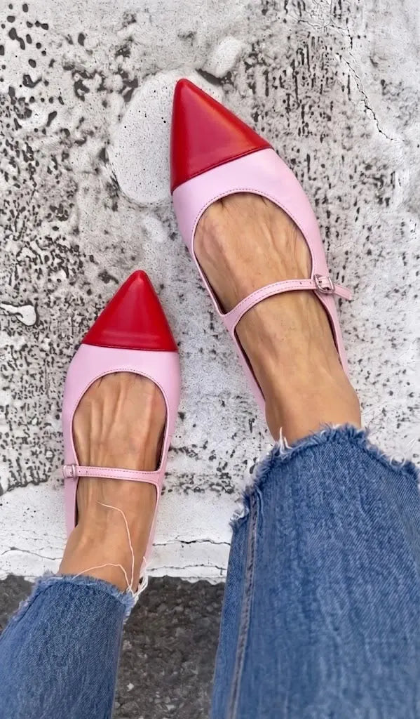 Two Tone Pointed Toe Mary Jane Pink Flats