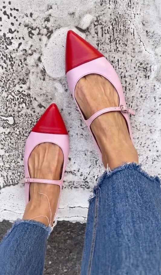 Two Tone Pointed Toe Mary Jane Pink Flats