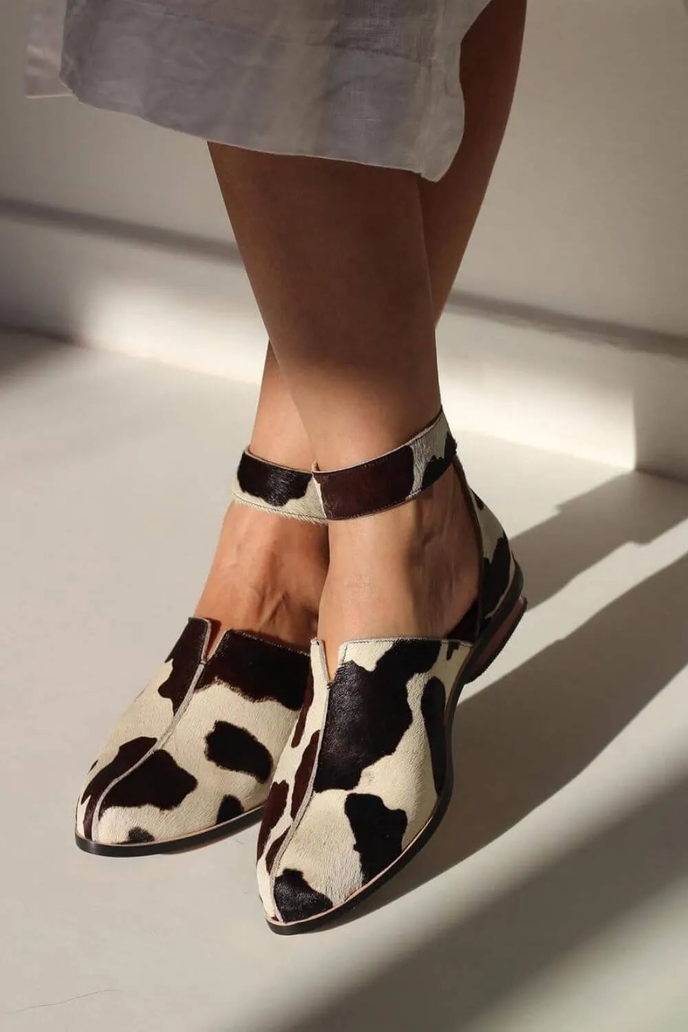 Cow Print Faux Fur Ankle Strap Pointy Toe Flats
