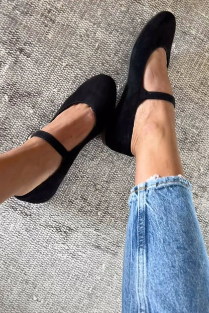 Black Faux Suede Mary Jane Round Toe Versatile Ballet Flats