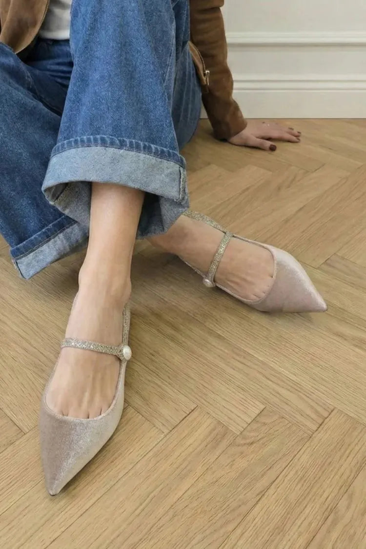 Pale Pink Velvet Pointed Toe Pearl Rhinestone Mary Jane Flats