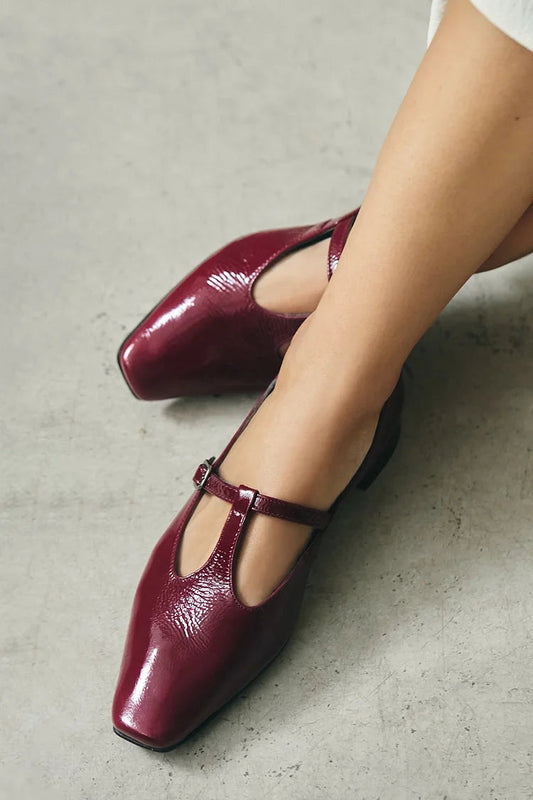 T-Strap Buckle Solid Color Square Toe Burgundy Flats