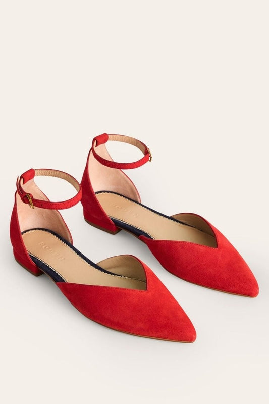 Suede Solid Red Ankle Strap Dorsay Pointed Flats