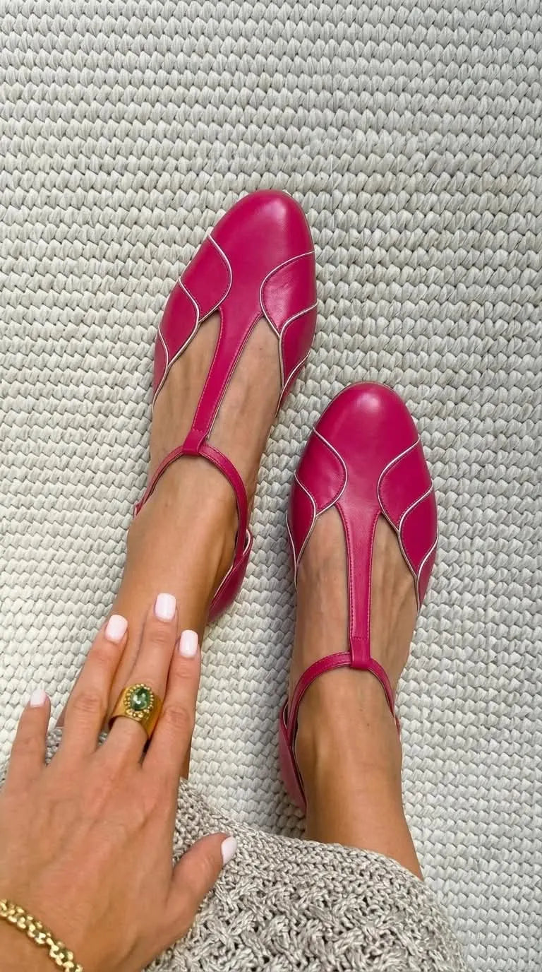 Silver Trim Round Toe T-Strap Fuchsia Leather Flats