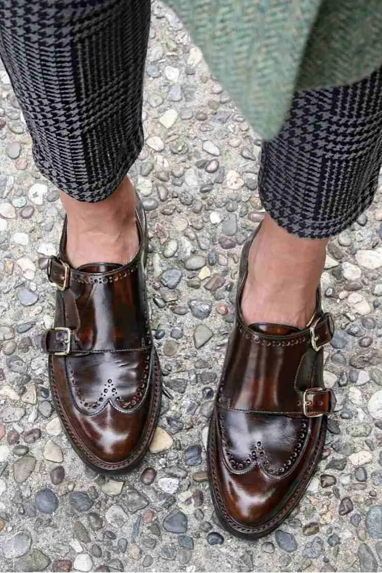 Glossy Leather Double Buckle Wingtip Flats