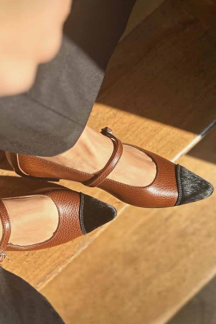 Patchwork Pointed Strap Buckle Instep Toe Brown Flats
