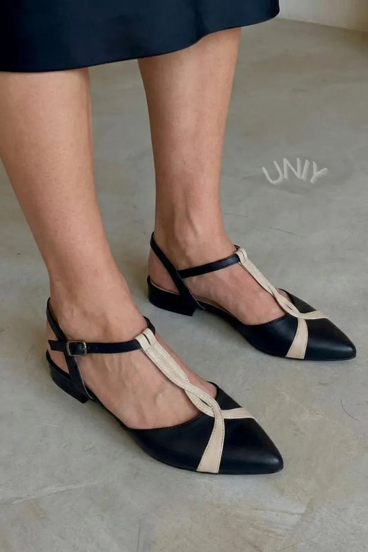 Vintage Black Cream T-Strap Pointed Toe Mary Jane Flats