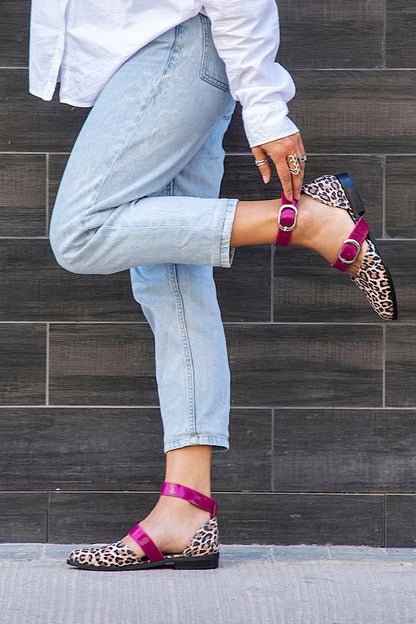 Leopard Print Pointed Toe Colorblock Strap Buckle Khaki Flats