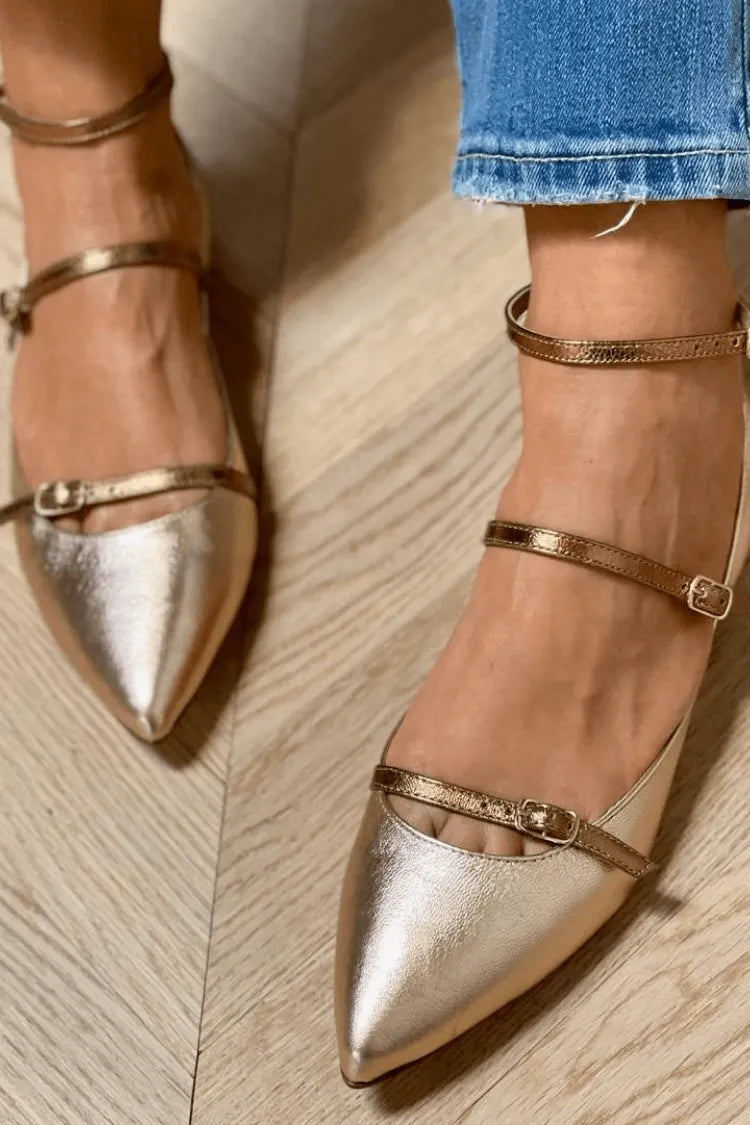 Metallic Faux Leather Triple Strap Pointed Ballet Flats