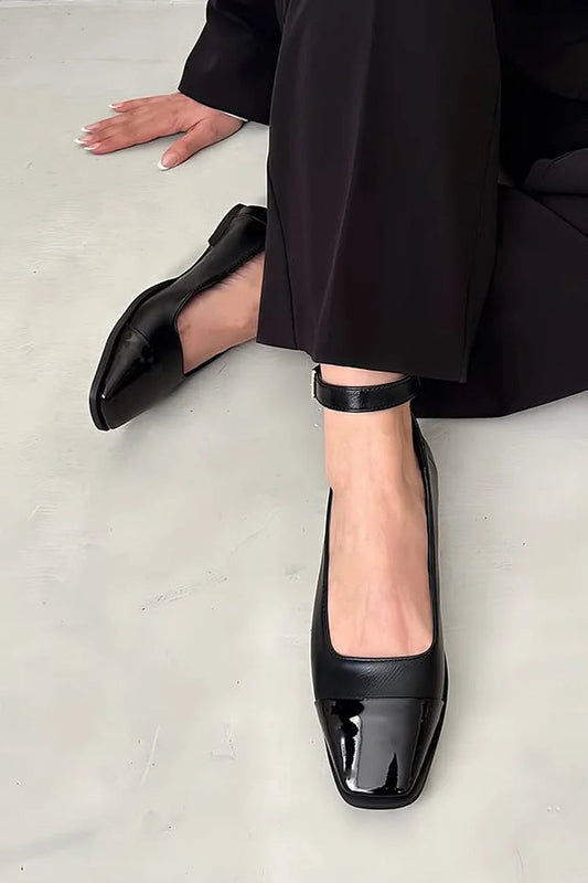 Ankle Strap Buckle Patchwork Square Toe Black Flats