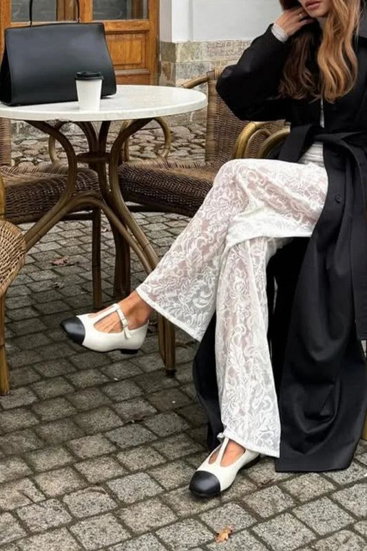 Colorblock T-Strap Buckle Square Toe White Flats