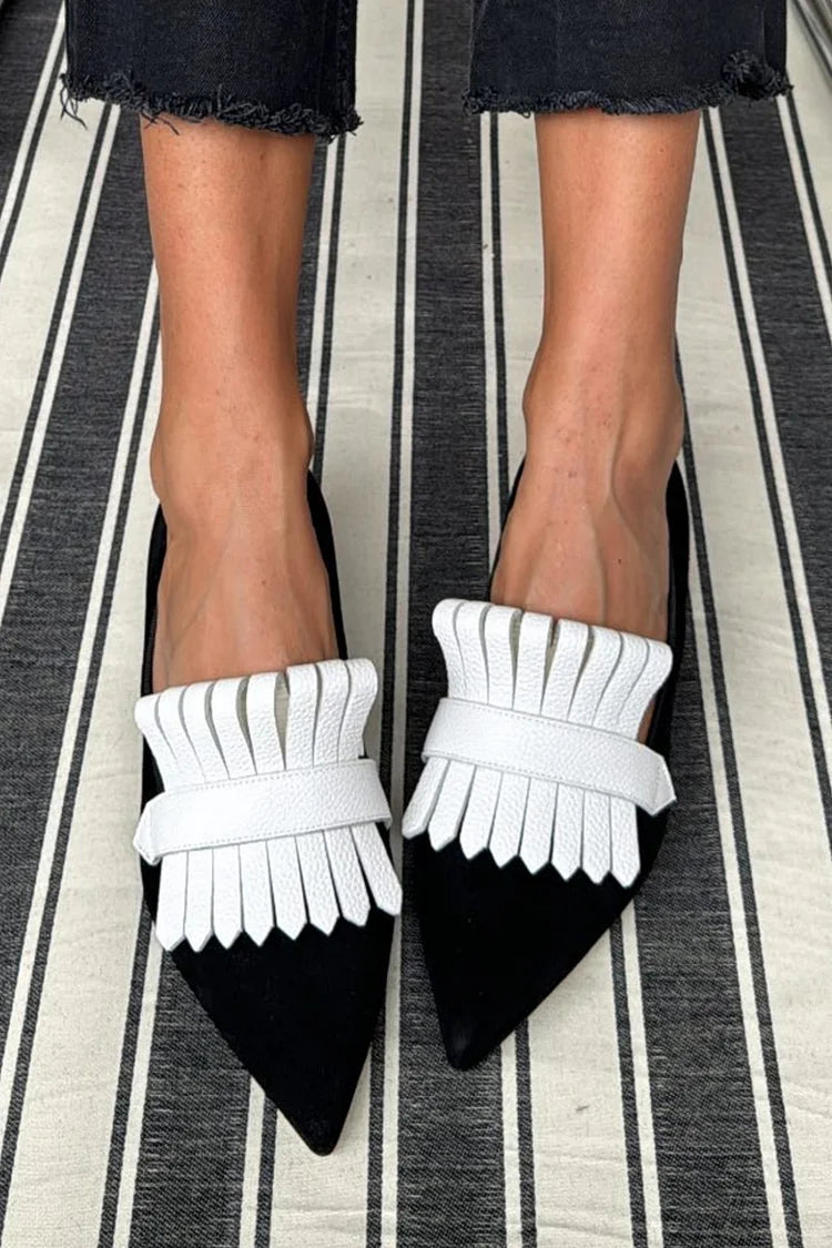 Pointed Toe Colorblock Fringed Trim Black Flats