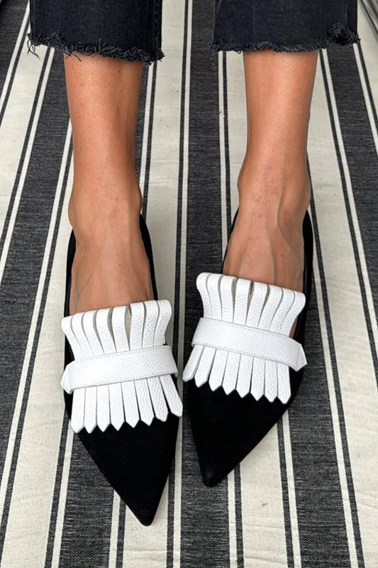 Pointed Toe Colorblock Fringed Trim Black Flats
