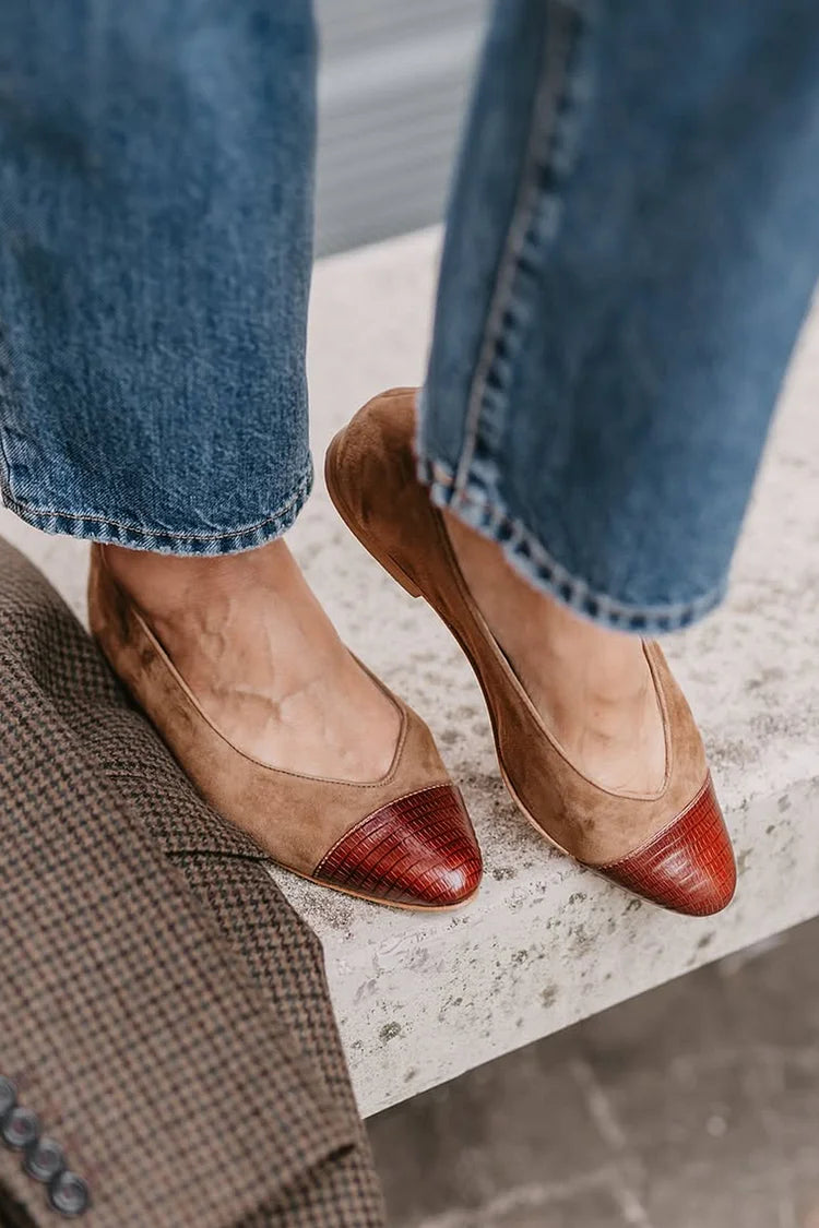 Patchwork Pointed Toe Casual Slip On Brown Flats