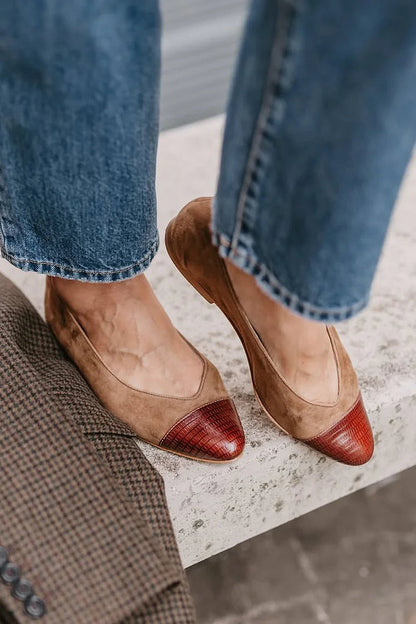Patchwork Pointed Toe Casual Slip On Brown Flats
