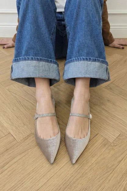 Pale Pink Velvet Pointed Toe Pearl Rhinestone Mary Jane Flats