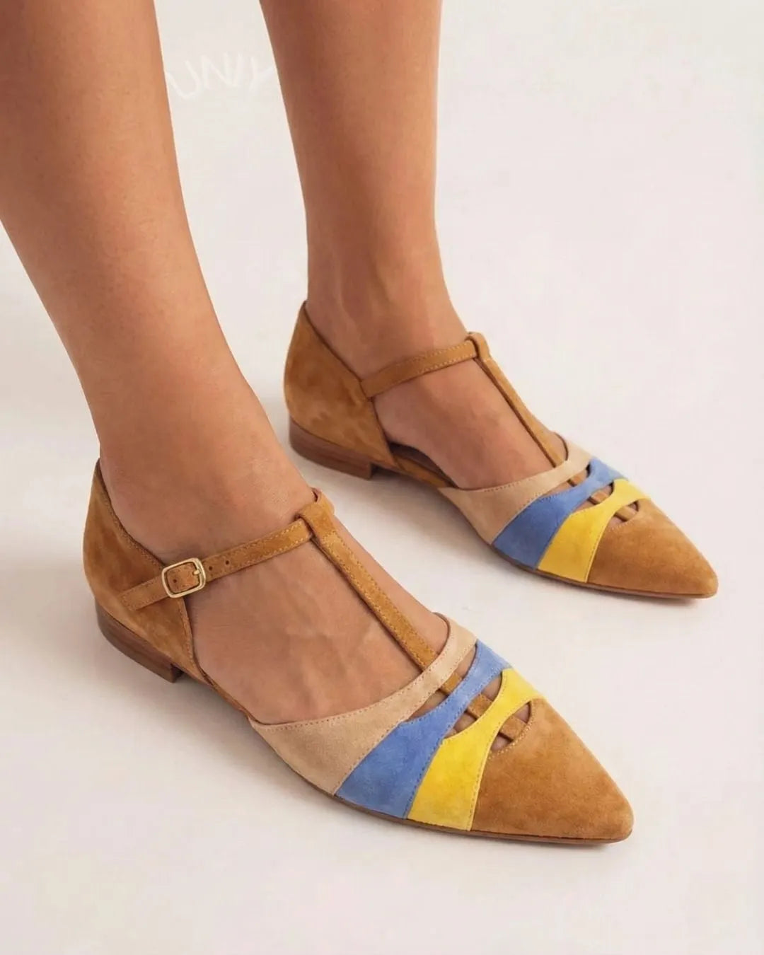 Chic Multi Color Block Suede Pointed Toe Mary Jane Flats