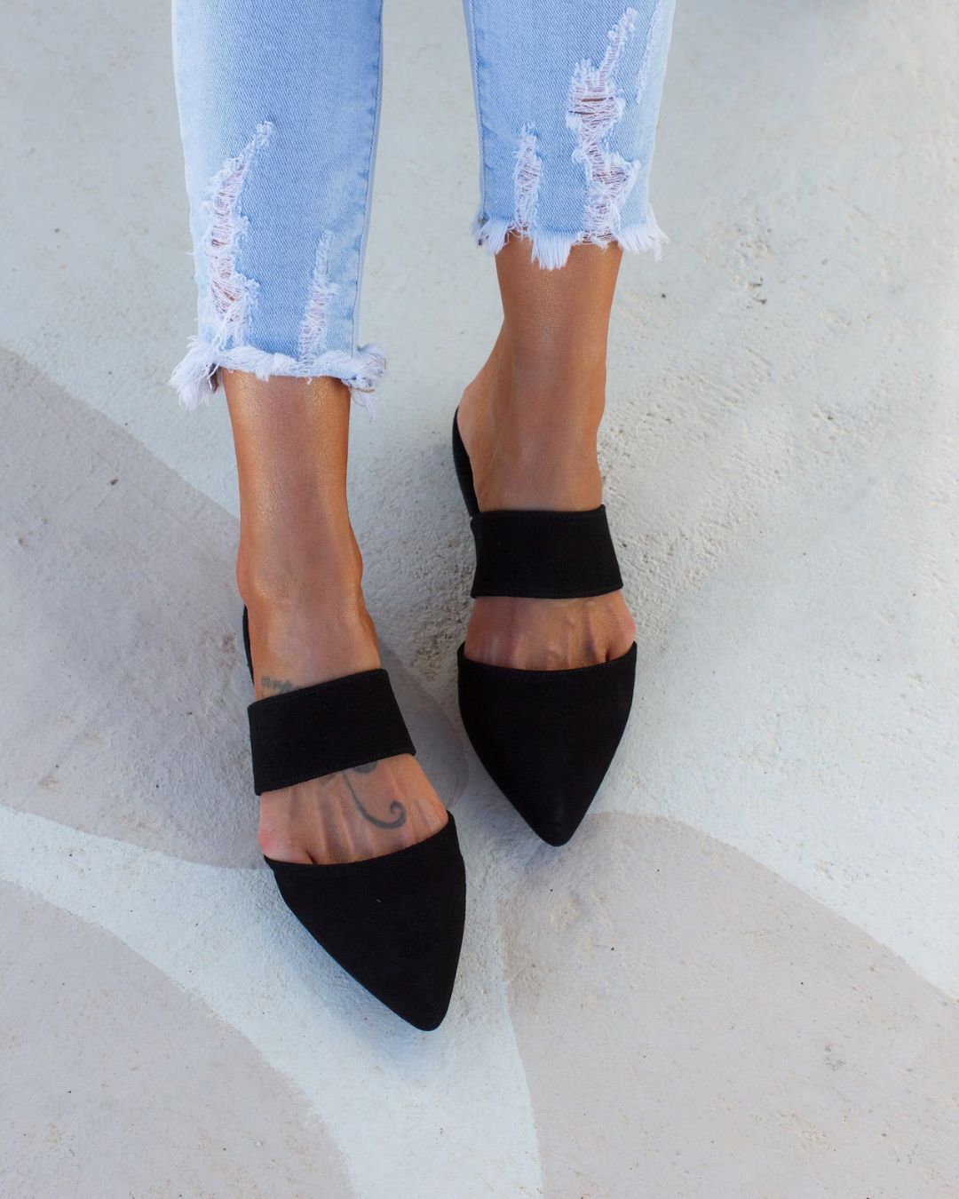Black Suede Patchwork Casual Pointed Toe Mule Flats