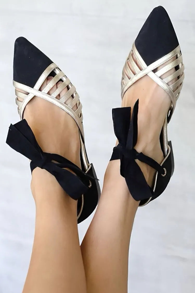 Versatile Colorblock Patchwork Pointed Toe Cutout Bow Tie Flats