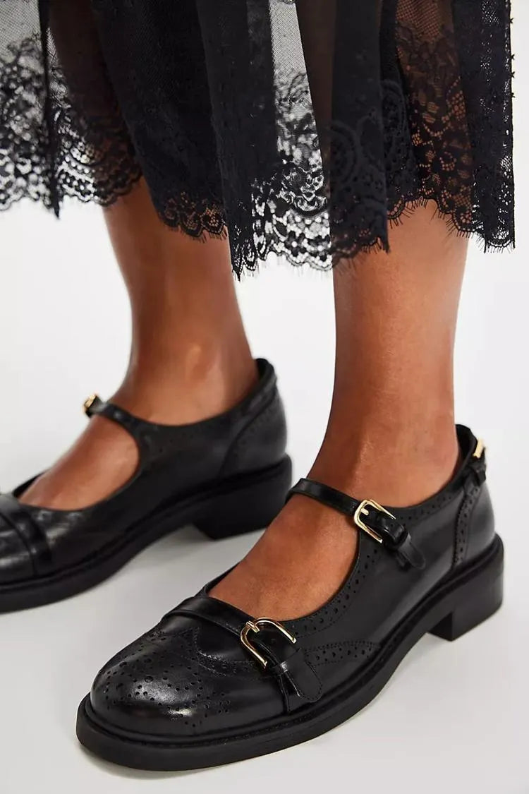 Openwork Design Round Toe Buckle Instep Straps Black Flats