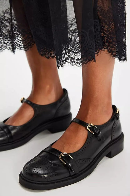Openwork Design Round Toe Buckle Instep Straps Black Flats