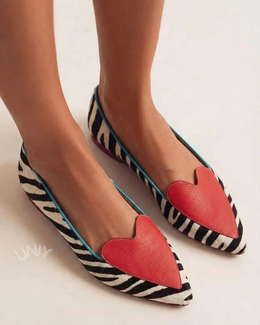 Chic Zebra Pattern Red Heart Detail Pointed Toe Flats
